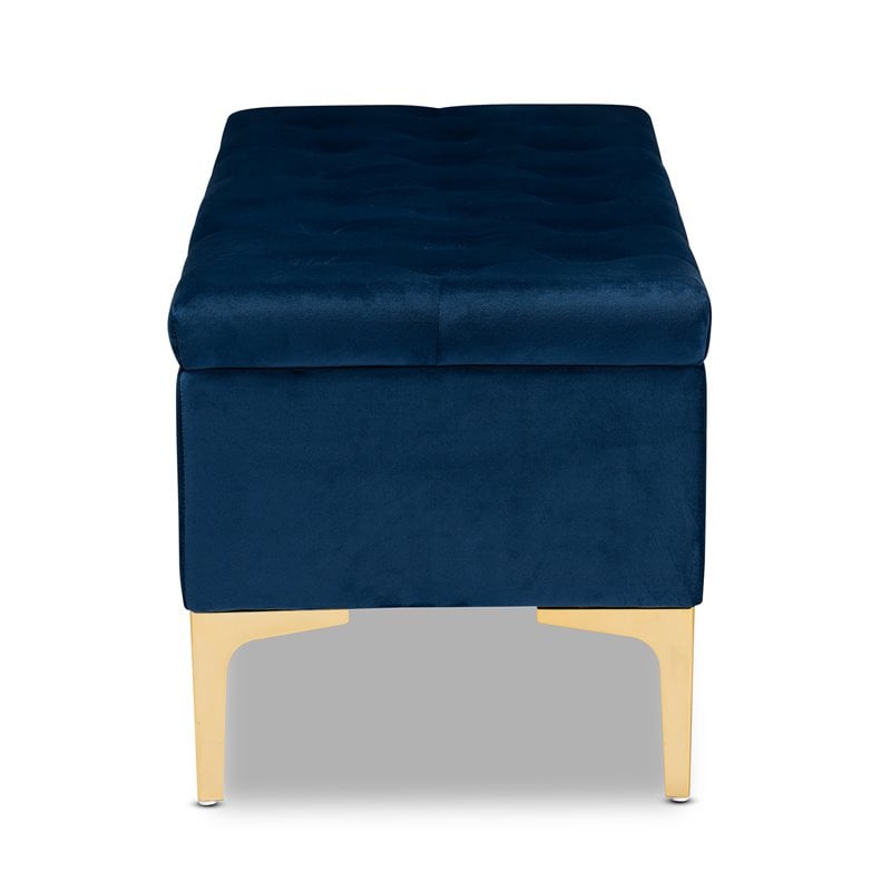 Baxton Studio Valere Navy Blue Velvet Gold Button Tufted Storage Ottoman