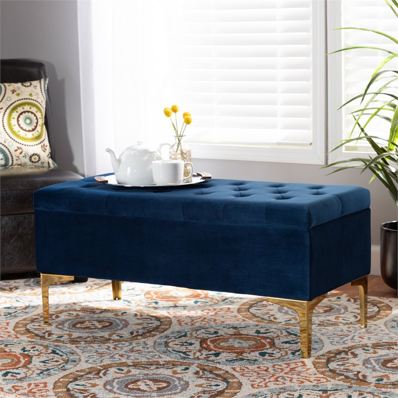 Baxton Studio Valere Navy Blue Velvet Gold Button Tufted Storage Ottoman
