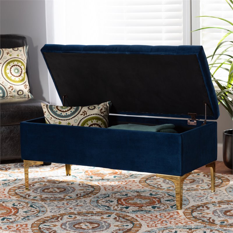 Baxton Studio Valere Navy Blue Velvet Gold Button Tufted Storage Ottoman