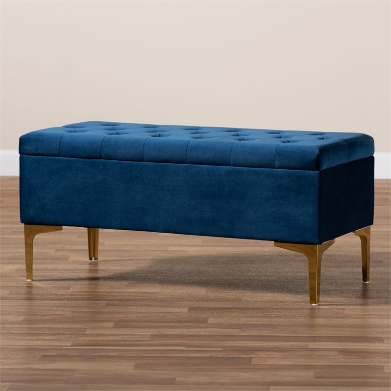 Baxton Studio Valere Navy Blue Velvet Gold Button Tufted Storage Ottoman