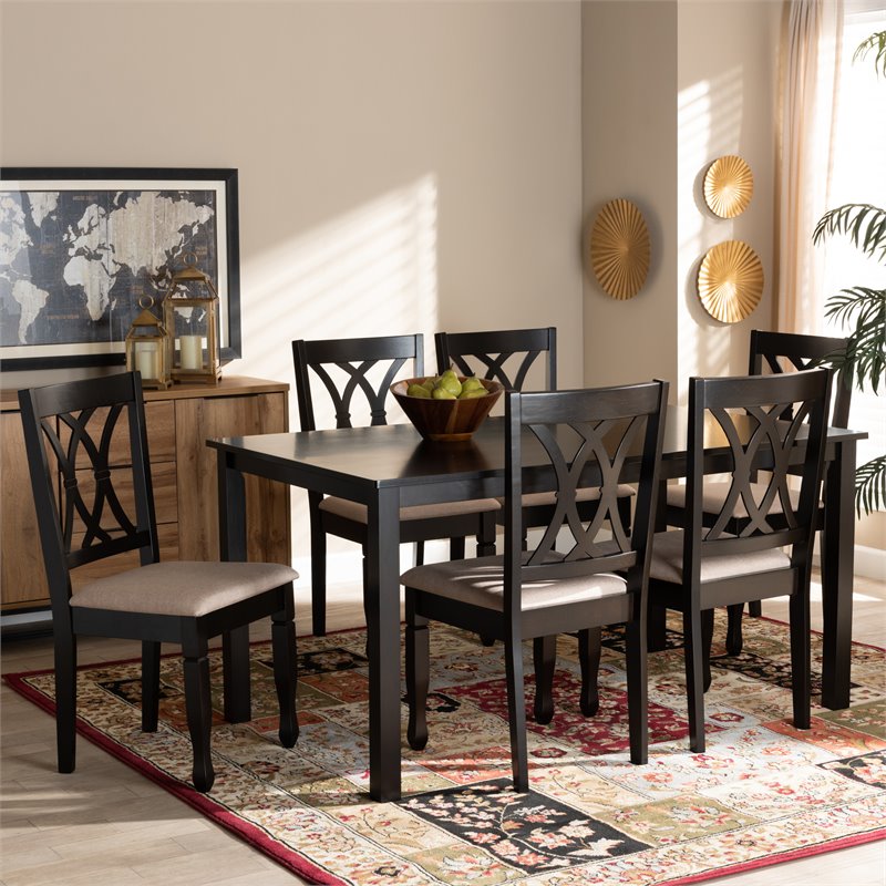 Baxton Studio Reneau Sand Upholstered Espresso Wood 7-Piece Dining Set