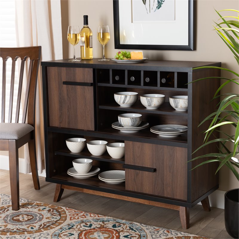 Baxton Studio Margo Walnut Brown and Black Finished Wood Wine Storage Cabinet