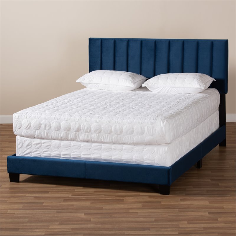 Baxton Studio Clare Full Size Navy Blue Velvet Panel Bed with Tufted Headboard