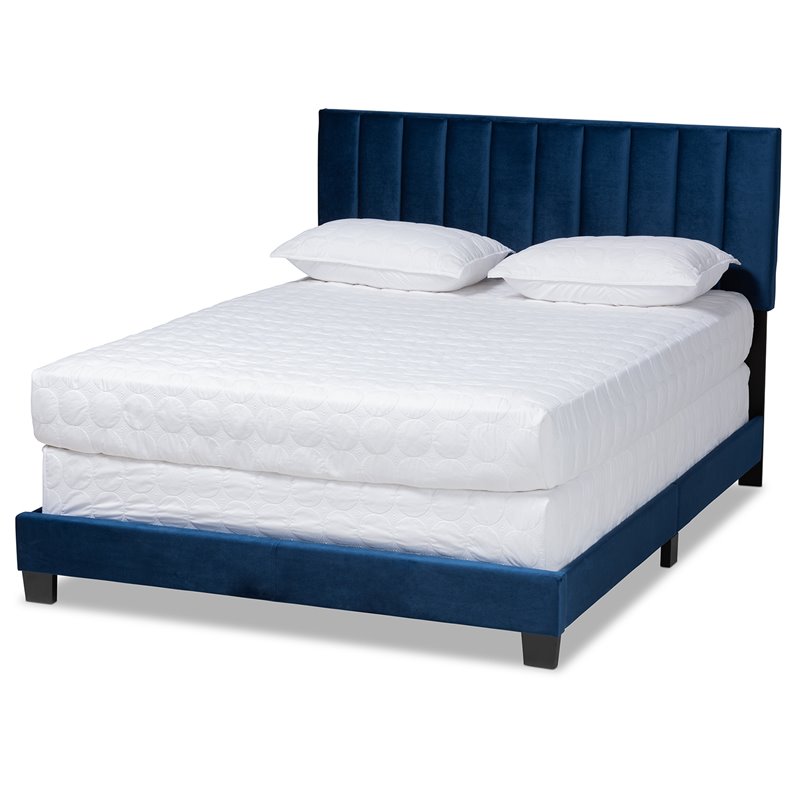 Baxton Studio Clare Full Size Navy Blue Velvet Panel Bed with Tufted Headboard