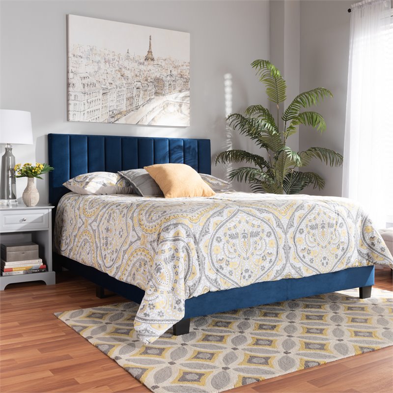 Baxton Studio Clare King Size Navy Blue Velvet Panel Bed with Tufted Headboard
