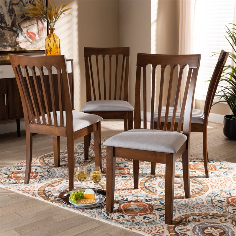 Set of 4 Baxton Studio Minette Gray Upholstered Walnut Finished Dining Chairs