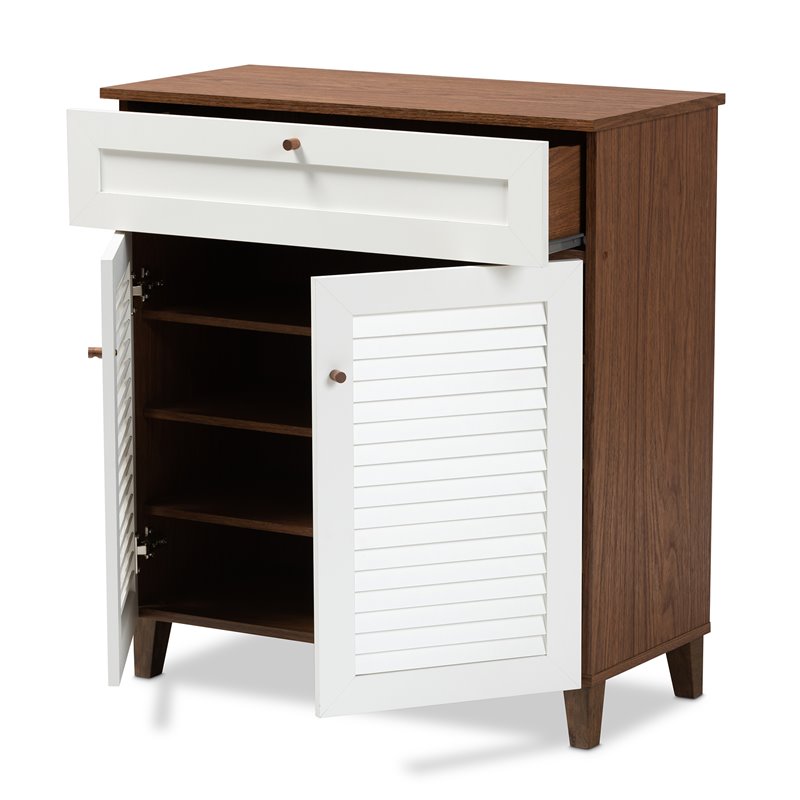 Baxton Studio Coolidge White and Walnut 4-Shelf Wood Shoe Cabinet with Drawer