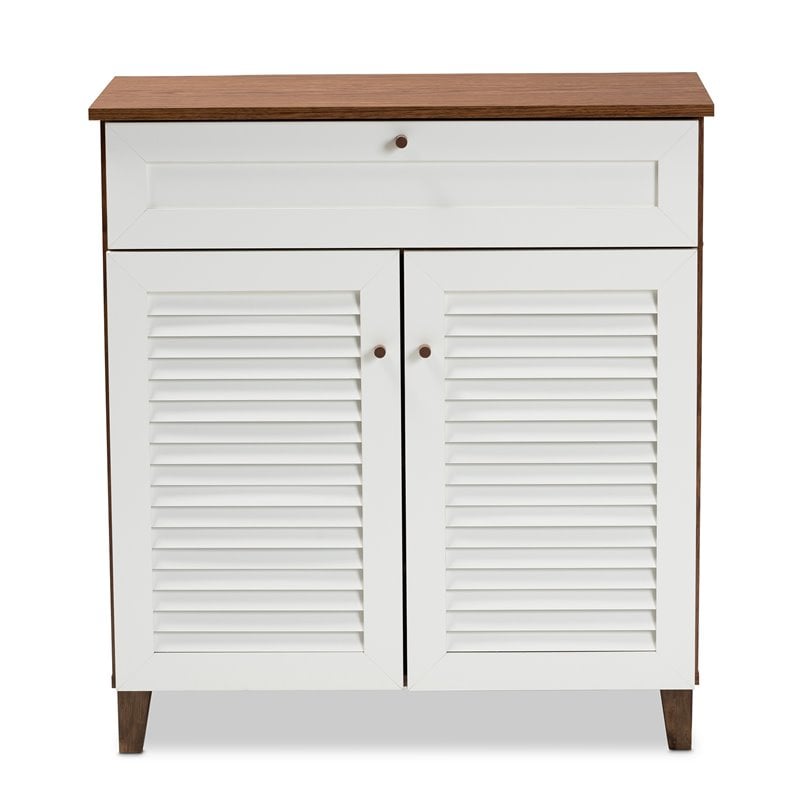 Baxton Studio Coolidge White and Walnut 4-Shelf Wood Shoe Cabinet with Drawer