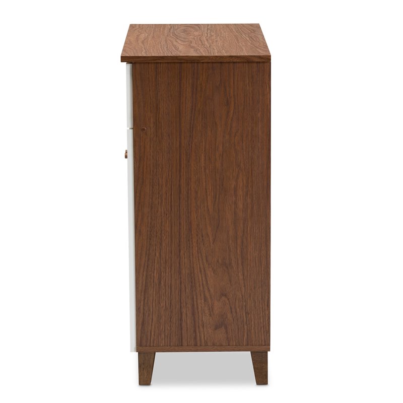 Baxton Studio Coolidge White and Walnut 4-Shelf Wood Shoe Cabinet with Drawer