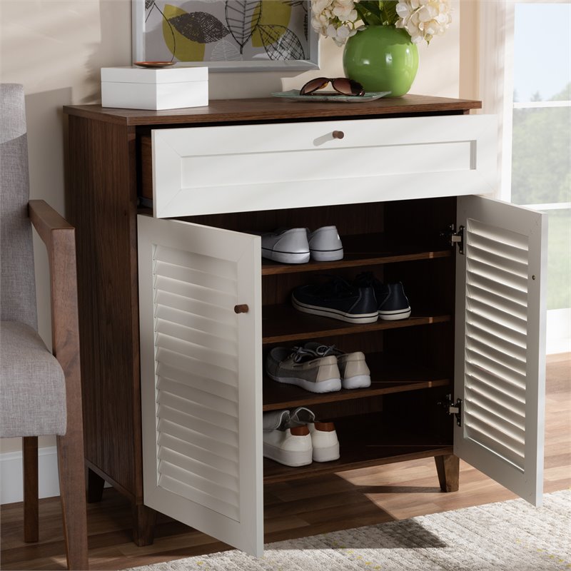 Baxton Studio Coolidge White and Walnut 4-Shelf Wood Shoe Cabinet with Drawer