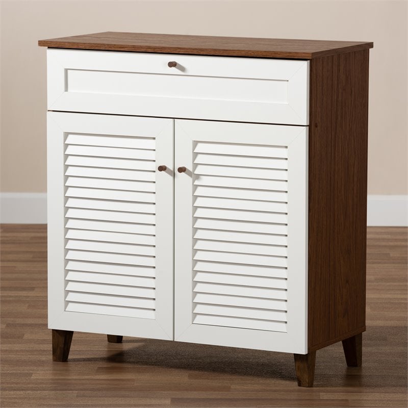 Baxton Studio Coolidge White and Walnut 4-Shelf Wood Shoe Cabinet with Drawer