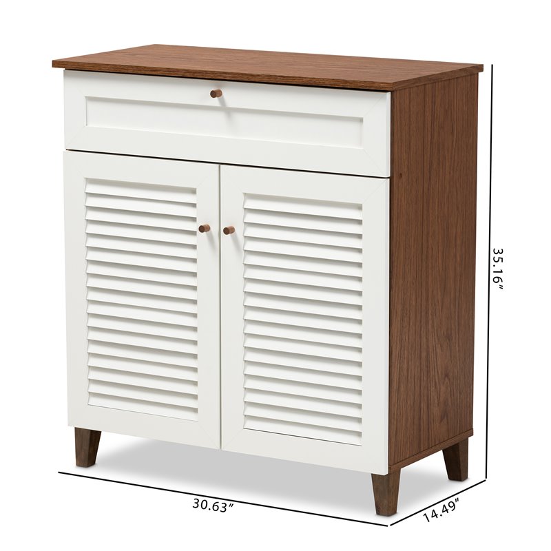Baxton Studio Coolidge White and Walnut 4-Shelf Wood Shoe Cabinet with Drawer