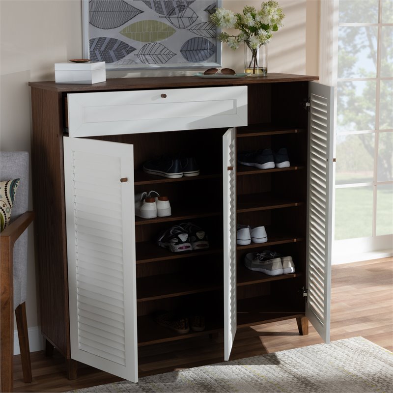 Baxton Studio Coolidge Walnut Finished 11-Shelf Wood Shoe Cabinet with Drawer