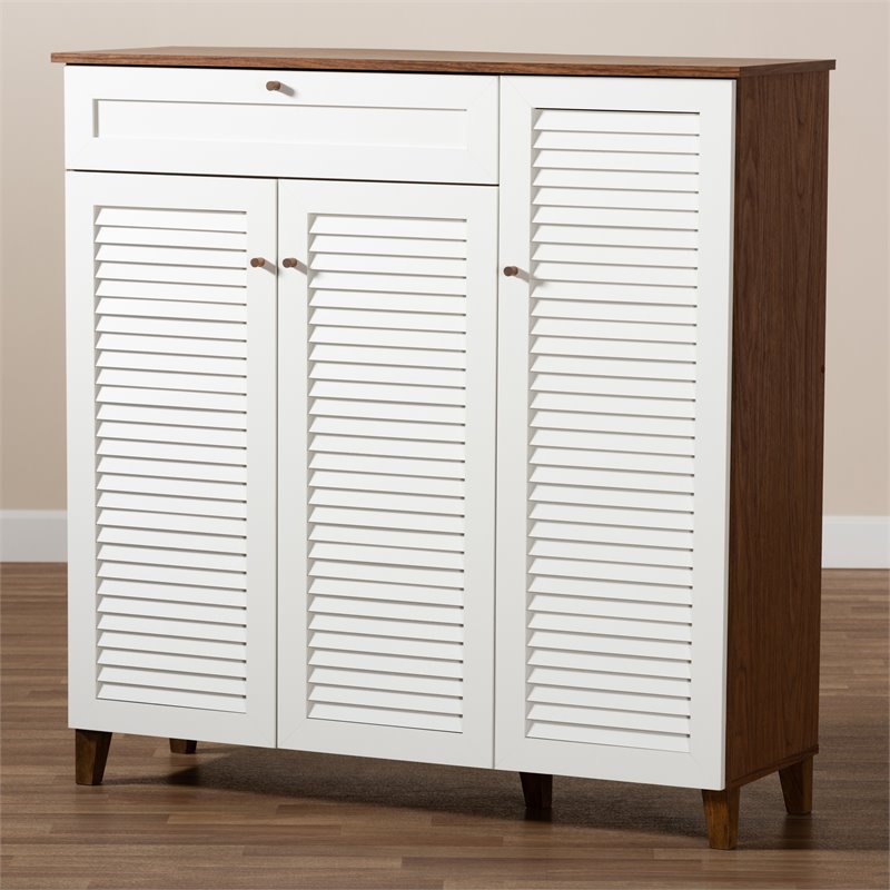 Baxton Studio Coolidge Walnut Finished 11-Shelf Wood Shoe Cabinet with Drawer