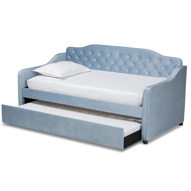 Baxton Studio Freda Twin Size Light Blue Velvet Tufted Daybed with Trundle