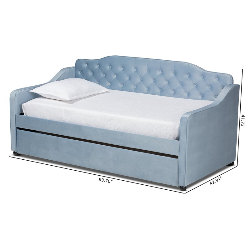 Baxton Studio Freda Twin Size Light Blue Velvet Tufted Daybed with Trundle