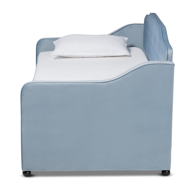 Baxton Studio Freda Twin Size Light Blue Velvet Tufted Daybed with Trundle