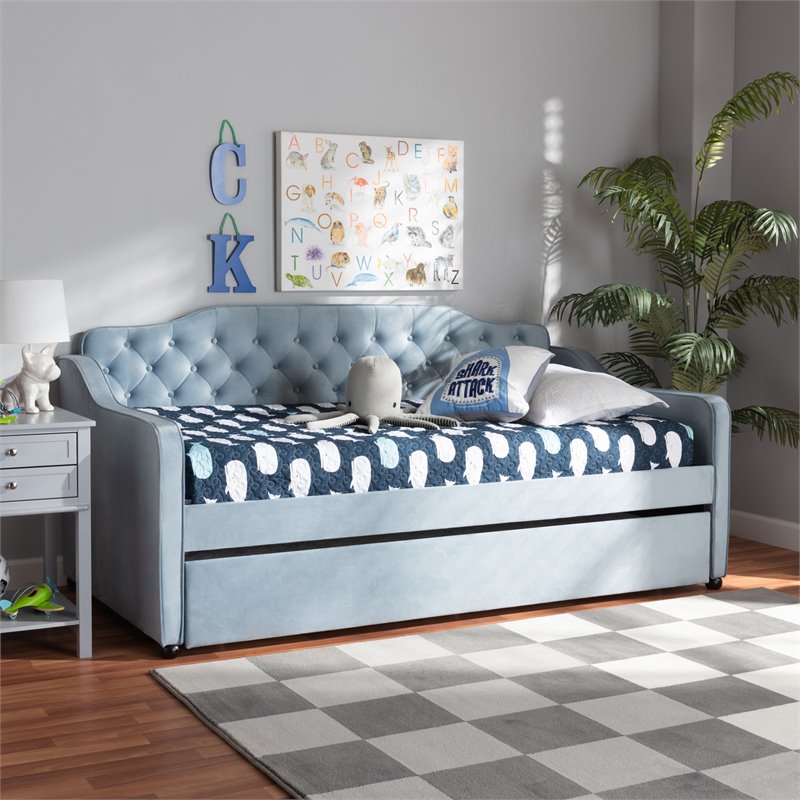 Baxton Studio Freda Twin Size Light Blue Velvet Tufted Daybed with Trundle