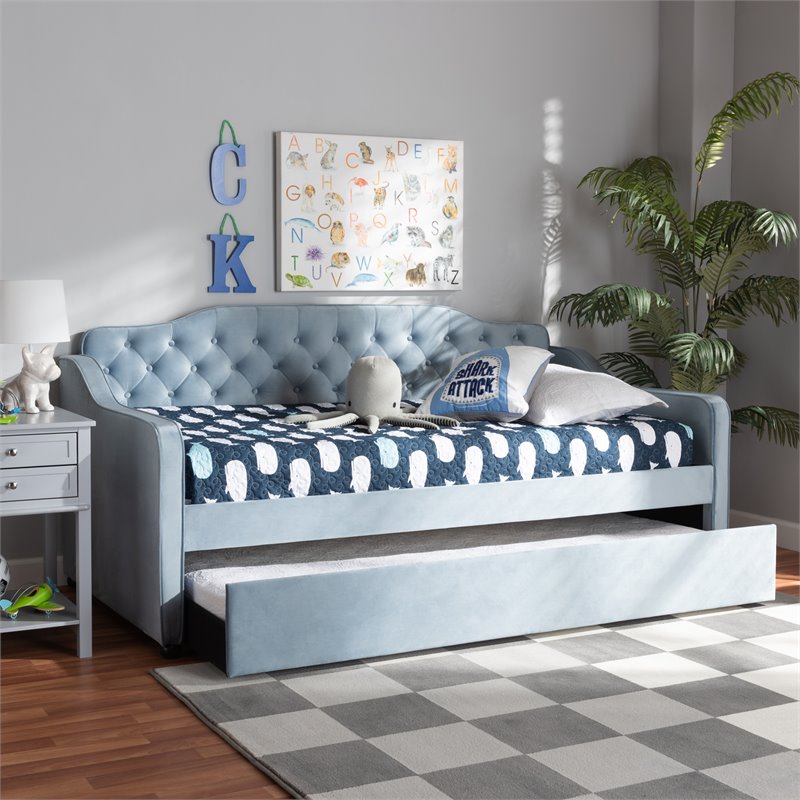 Baxton Studio Freda Twin Size Light Blue Velvet Tufted Daybed with Trundle