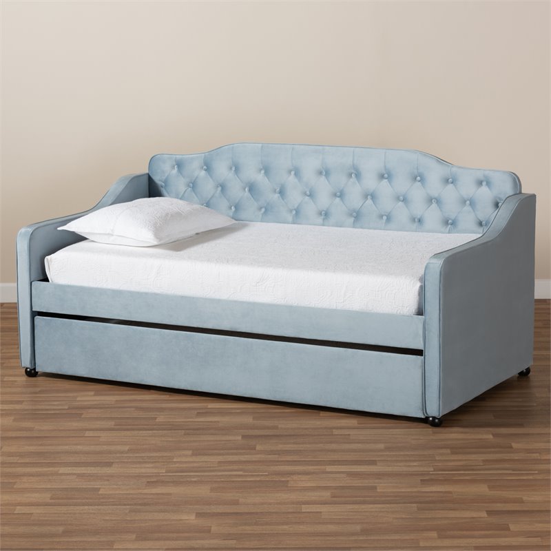 Baxton Studio Freda Twin Size Light Blue Velvet Tufted Daybed with Trundle