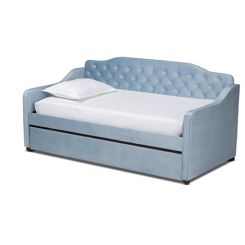 Baxton Studio Freda Twin Size Light Blue Velvet Tufted Daybed with Trundle