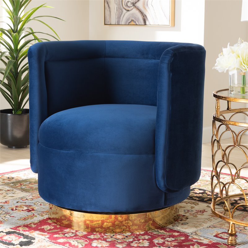 Baxton Studio Saffi Royal Blue Velvet Gold Finished Swivel Accent Chair