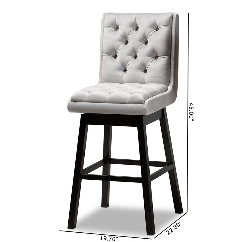 Baxton Studio Gregory Light Gray Velvet 2-Piece Wood Swivel Bar Stool Set