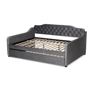 Baxton Studio Freda Gray Velvet Button Tufted Full Size Wood Daybed with Trundle