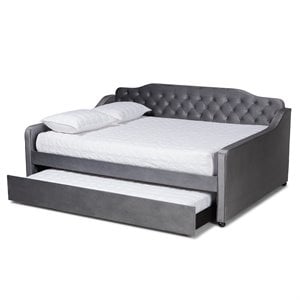 Baxton Studio Freda Gray Velvet Button Tufted Queen Wood Daybed with Trundle