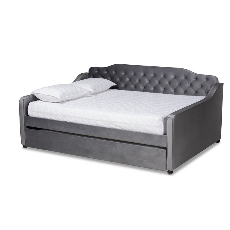 Baxton Studio Freda Gray Velvet Button Tufted Queen Wood Daybed with Trundle