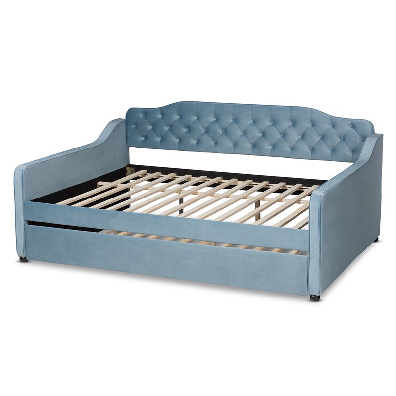 Baxton Studio Freda Light Blue Velvet Tufted Full Size Wood Daybed with Trundle