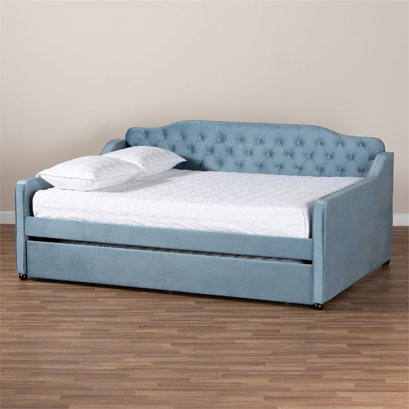 Baxton Studio Freda Light Blue Velvet Tufted Full Size Wood Daybed with Trundle