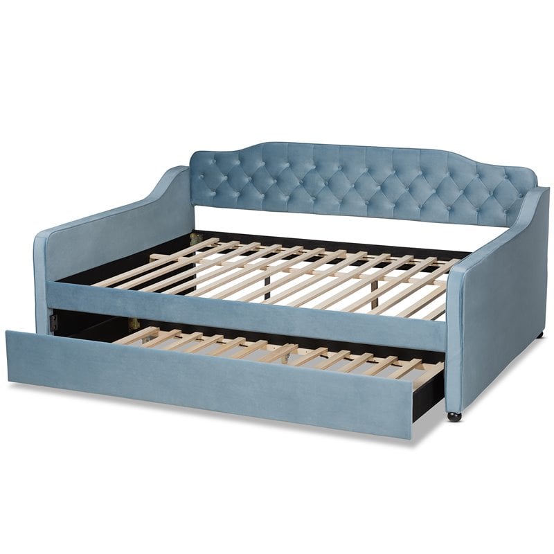 Baxton Studio Freda Light Blue Velvet Tufted Queen Size Wood Daybed with Trundle