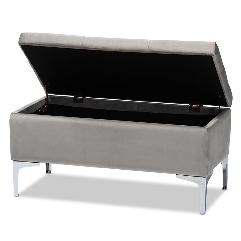 Baxton Studio Mabel Grey Velvet Silver Finished Storage Ottoman