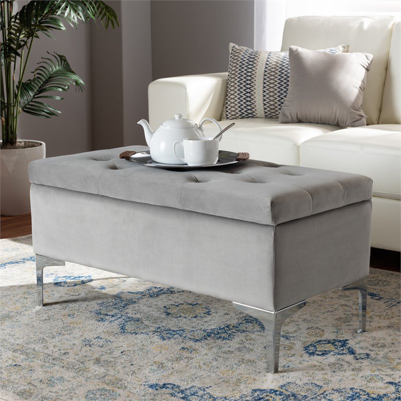 Baxton Studio Mabel Grey Velvet Silver Finished Storage Ottoman