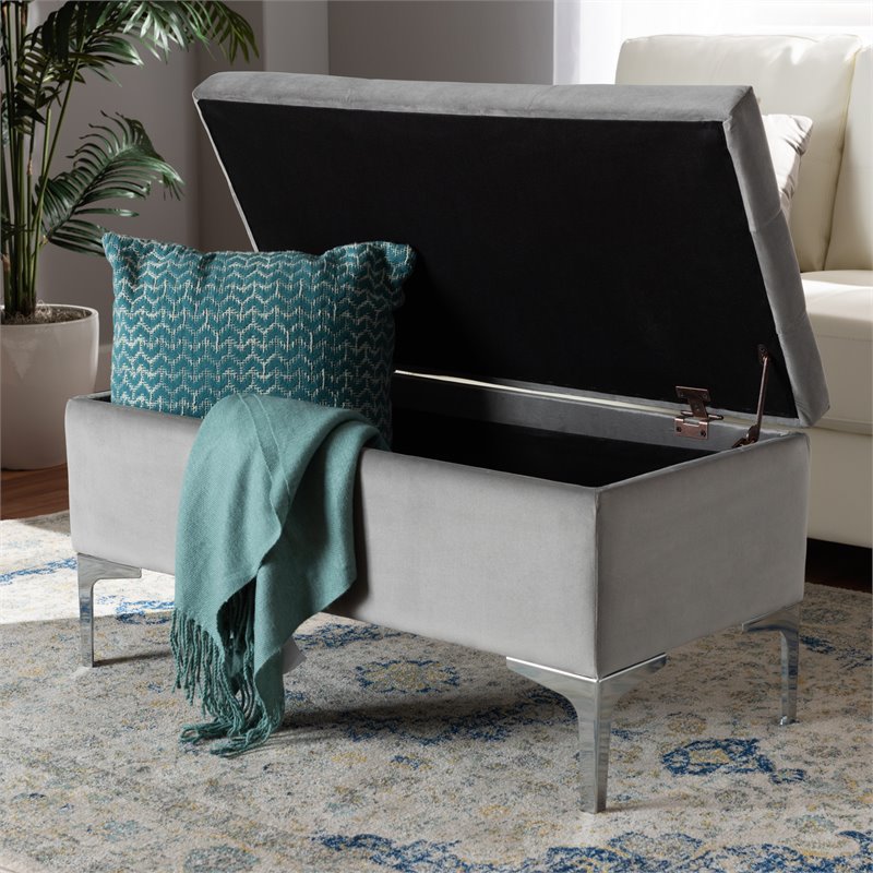 Baxton Studio Mabel Grey Velvet Silver Finished Storage Ottoman