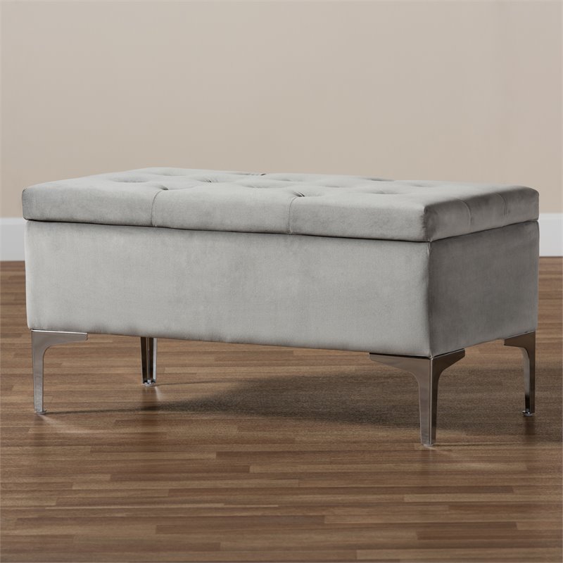 Baxton Studio Mabel Grey Velvet Silver Finished Storage Ottoman