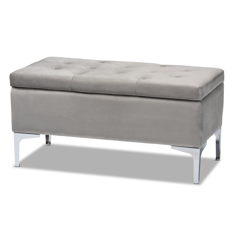 Baxton Studio Mabel Grey Velvet Silver Finished Storage Ottoman