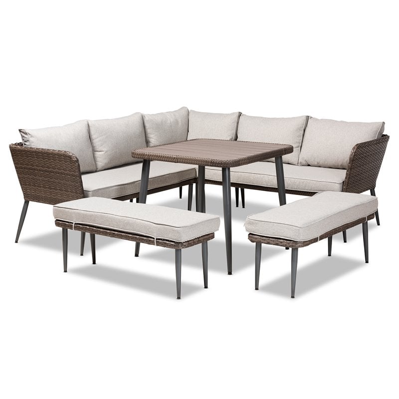 Baxton Studio Lillian Light Grey Upholstered 5-Piece Woven Rattan Patio Set