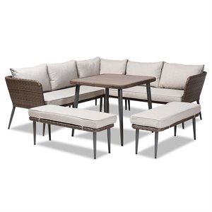 Baxton Studio Lillian Light Grey Upholstered 5-Piece Woven Rattan Patio Set