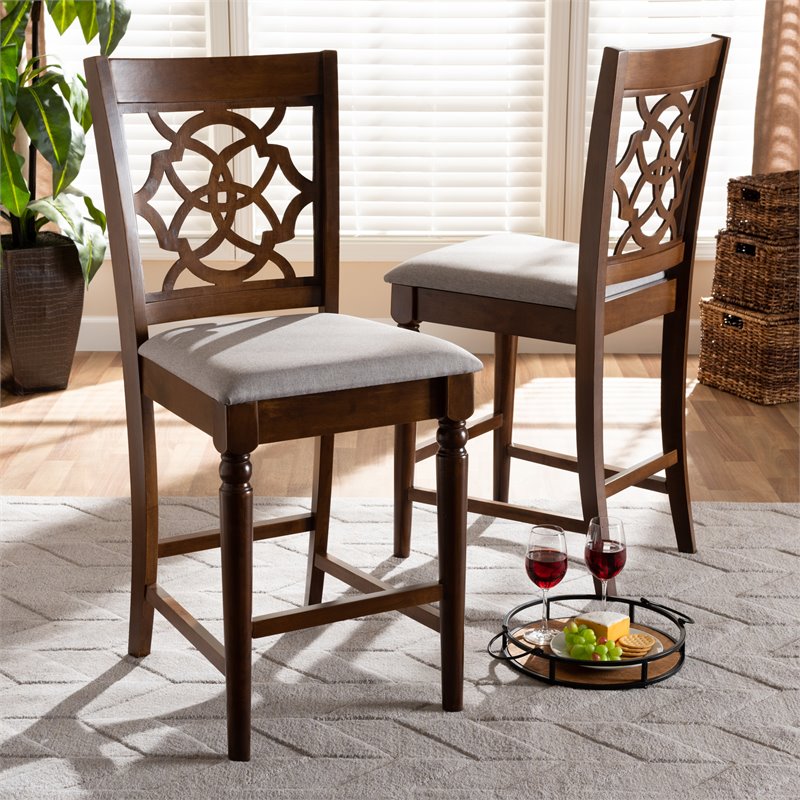 Baxton Studio Oscar Gray Upholstered Walnut Finished Wood 2-Piece Pub Chair Set