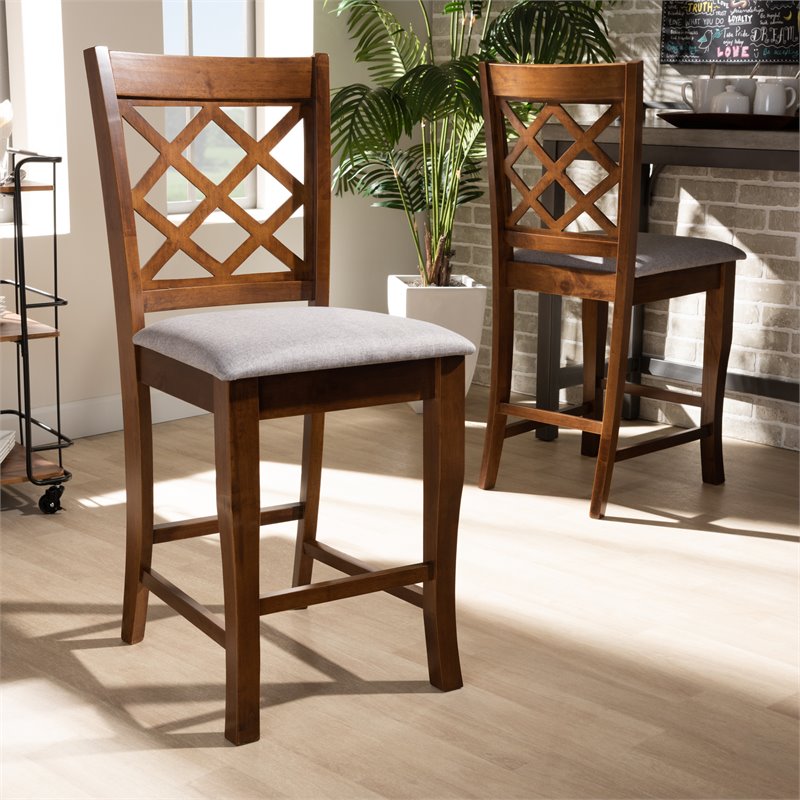 Baxton Studio Aria Gray Upholstered Walnut Wood 2-Piece Pub Chair Set