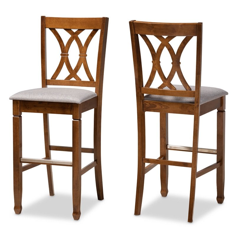 Baxton Studio Calista Gray Upholstered Walnut Wood 2-Piece Bar Stool Set