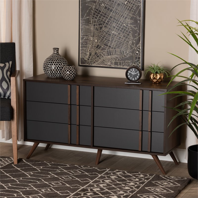 Baxton Studio Naoki Gray and Walnut Finished Wood 6-Drawer Bedroom Dresser
