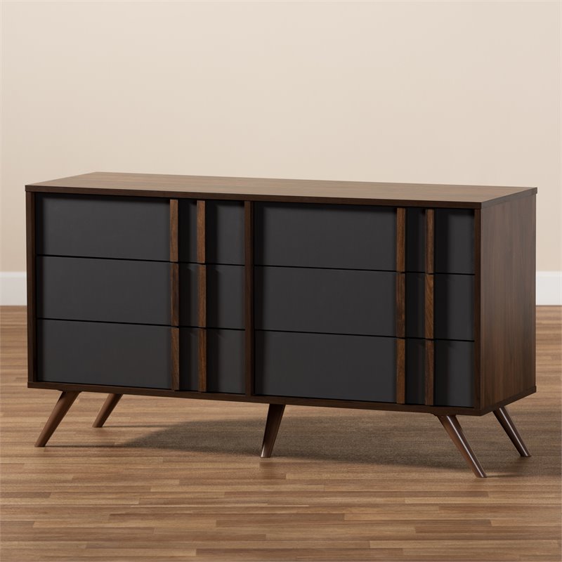Baxton Studio Naoki Gray and Walnut Finished Wood 6-Drawer Bedroom Dresser
