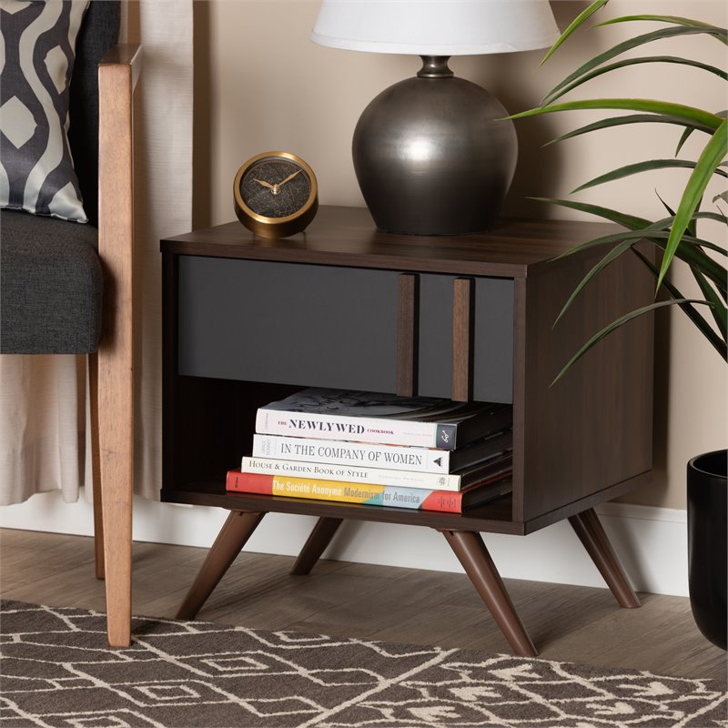Baxton Studio Naoki Two-Tone Gray and Walnut Finished Wood 1-Drawer Nightstand