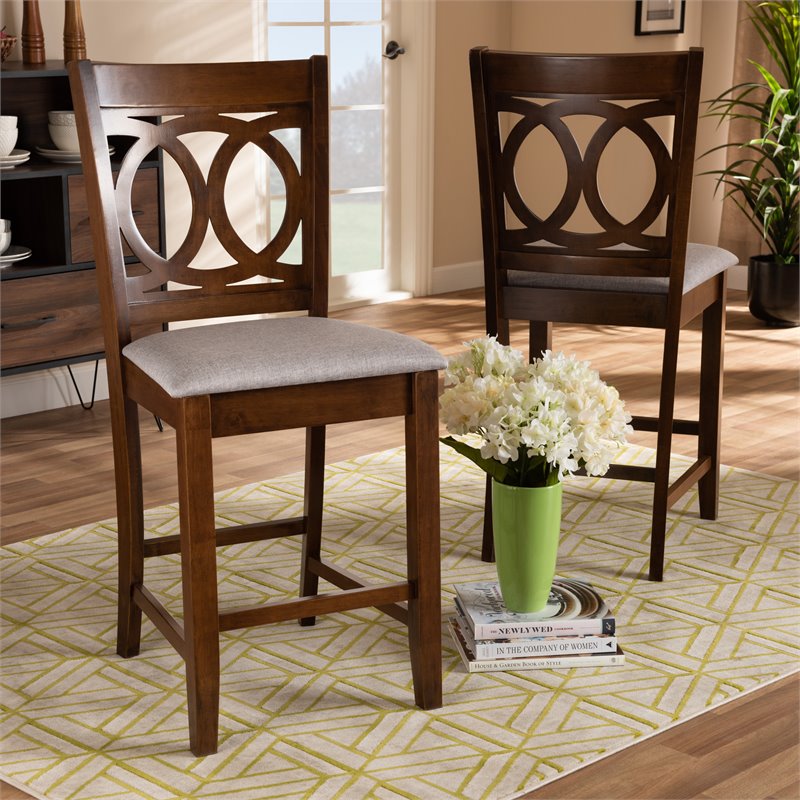 Baxton Studio Lenoir Gray Upholstered Walnut Finished Wood 2-Piece Pub Chair Set