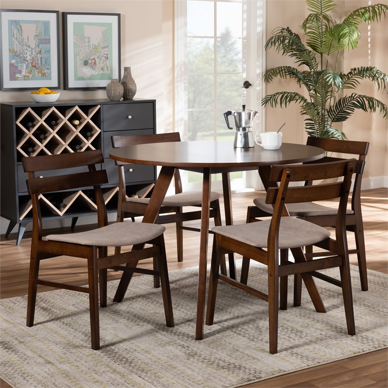 Baxton Studio Eiko Light Beige Fabric Upholstered Wood 5-Piece Dining Set