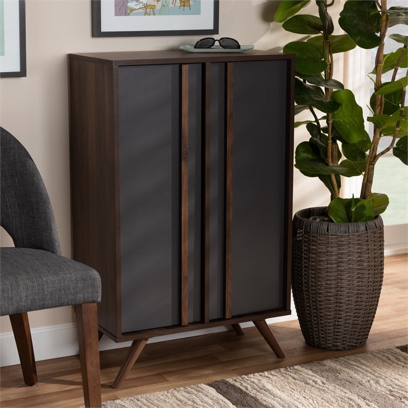 Baxton Studio Naoki Two-Tone Gray and Walnut Finished Wood 2-Door Shoe Cabinet