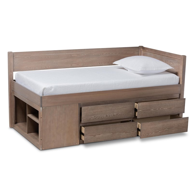 Baxton Studio Levon Antique Oak Finished Wood 4-Drawer Twin Size Storage Bed